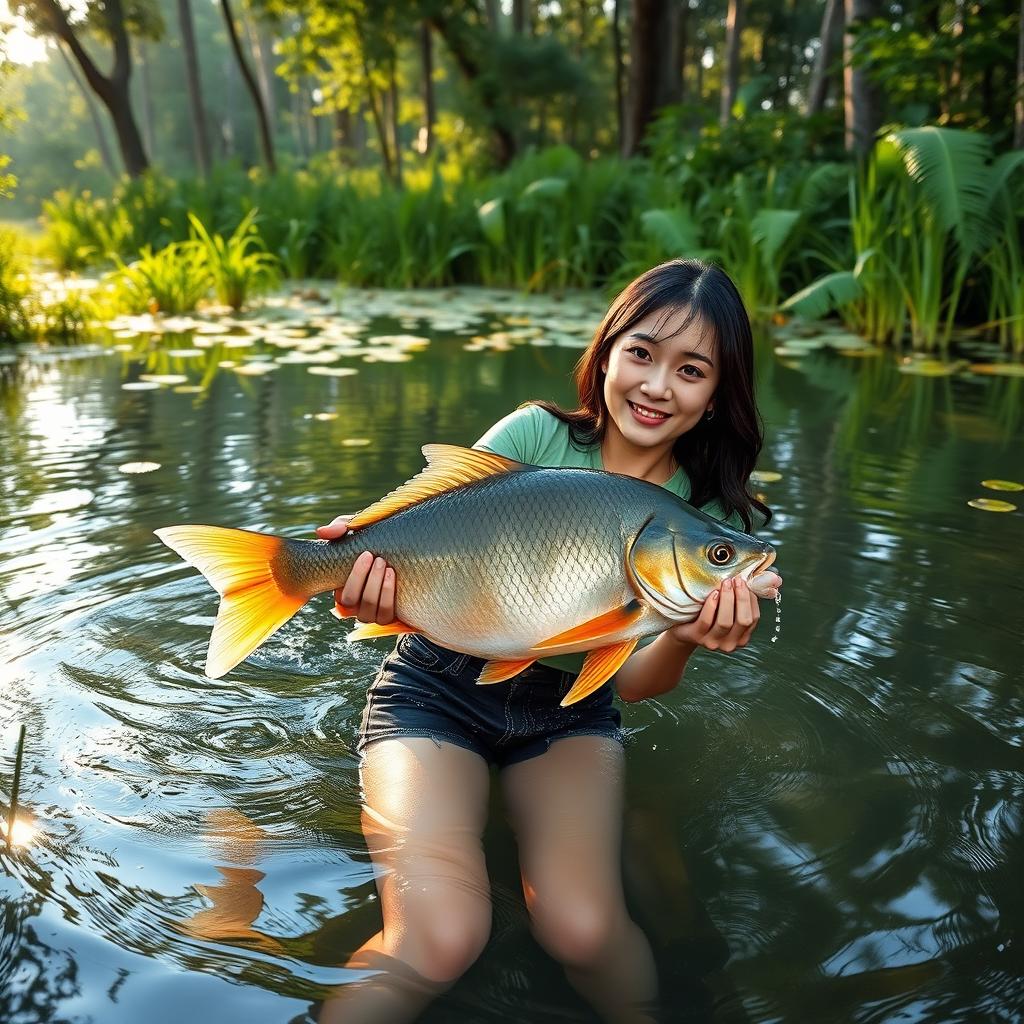A beautiful Korean woman wearing a green t-shirt and black denim shorts is gracefully swimming and catching a large gourami fish