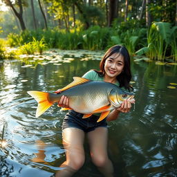 A beautiful Korean woman wearing a green t-shirt and black denim shorts is gracefully swimming and catching a large gourami fish