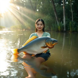 A beautiful Korean woman wearing a green t-shirt and black denim shorts is gracefully swimming and catching a large gourami fish