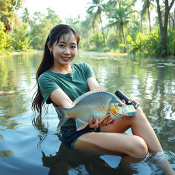 A beautiful Korean woman wearing a green t-shirt and black denim shorts is gracefully swimming and catching a large gourami fish