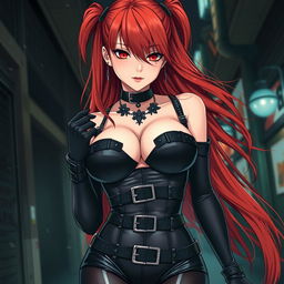 A sexy gothic anime girl with long flowing red hair, striking features, and large voluptuous breasts, wearing a form-fitting black latex bodysuit adorned with intricate belts