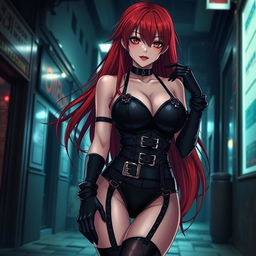 A sexy gothic anime girl with long flowing red hair, striking features, and large voluptuous breasts, wearing a form-fitting black latex bodysuit adorned with intricate belts