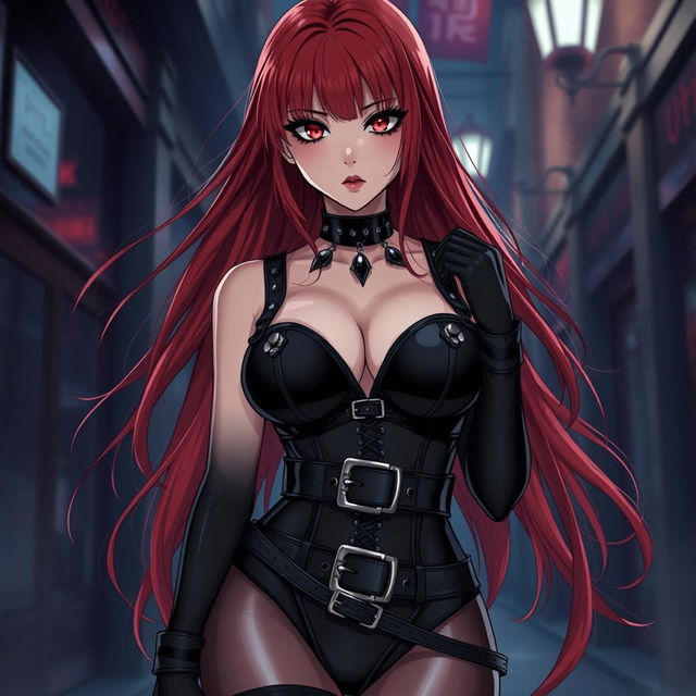 A sexy gothic anime girl with long flowing red hair, striking features, and large voluptuous breasts, wearing a form-fitting black latex bodysuit adorned with intricate belts