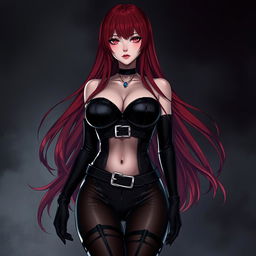 A sexy gothic anime girl with long, flowing red hair cascading down her back, showcasing her striking features and large voluptuous breasts