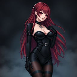 A sexy gothic anime girl with long, flowing red hair cascading down her back, showcasing her striking features and large voluptuous breasts