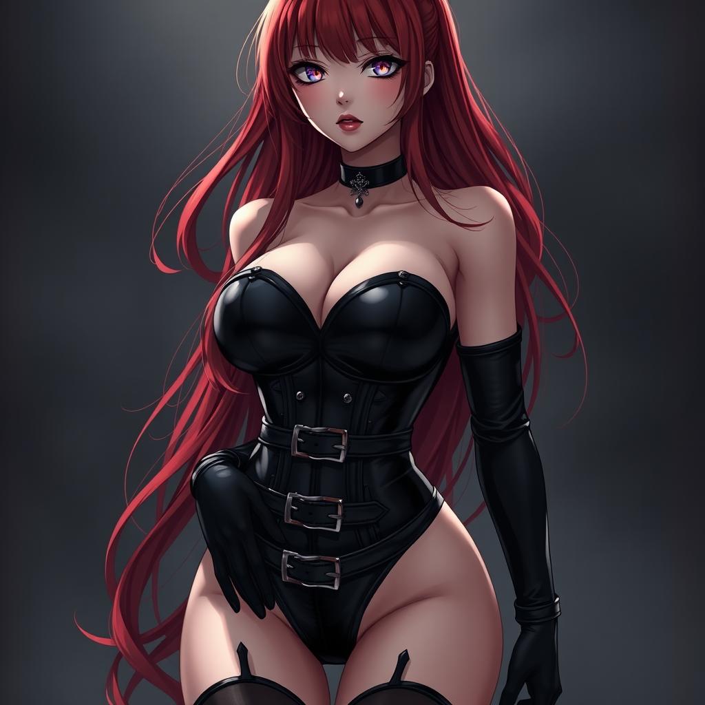 A sexy gothic anime girl with long, flowing red hair cascading down her back, showcasing her striking features and large voluptuous breasts