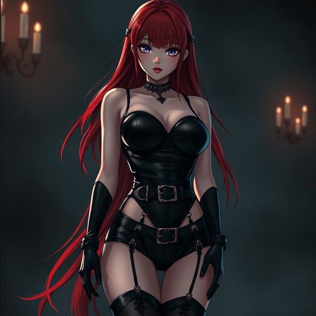 A sexy gothic anime girl with long, flowing red hair cascading down her back, showcasing her striking features and large voluptuous breasts