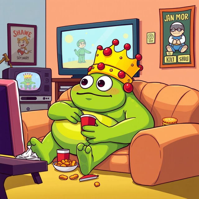 A colorful vector illustration of King Wart, also known as Mamu, enjoying watching television