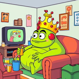 A colorful vector illustration of King Wart, also known as Mamu, enjoying watching television