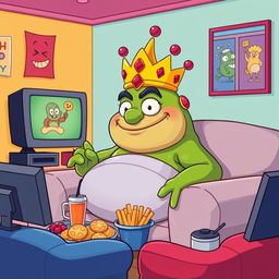 A colorful vector illustration of King Wart, also known as Mamu, enjoying watching television