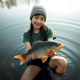 A beautiful Korean woman wearing a green t-shirt, black denim shorts, and a knitted beanie hat, swimming in a stunningly beautiful and cool swamp in the morning