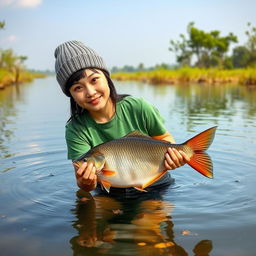 A beautiful Korean woman wearing a green t-shirt, black denim shorts, and a knitted beanie hat, swimming in a stunningly beautiful and cool swamp in the morning