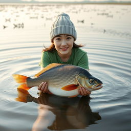 A beautiful Korean woman wearing a green t-shirt, black denim shorts, and a knitted beanie hat, swimming in a stunningly beautiful and cool swamp in the morning