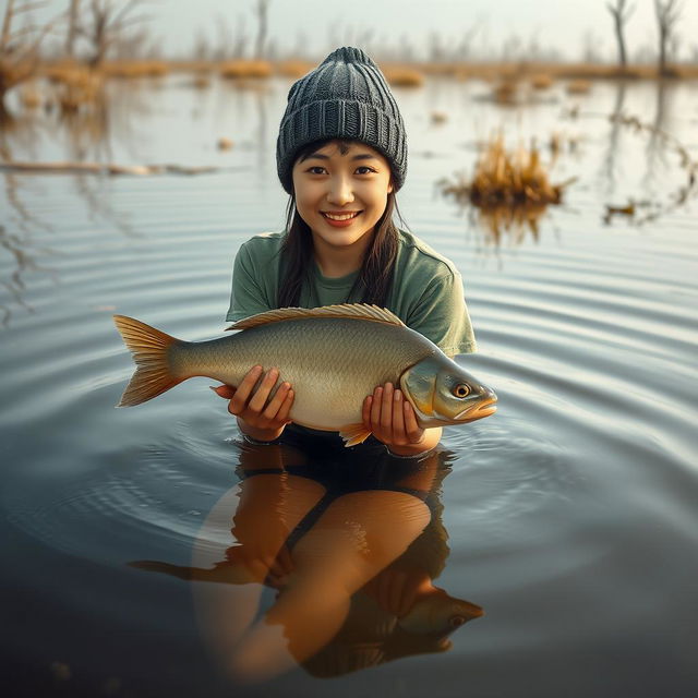 A beautiful Korean woman wearing a green t-shirt, black denim shorts, and a knitted beanie hat, swimming in a stunningly beautiful and cool swamp in the morning