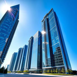 A group of tall skyscrapers with modern design, showcasing shimmering glass facades under the sunlight