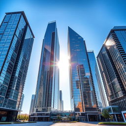 A group of tall skyscrapers with modern design, showcasing shimmering glass facades under the sunlight