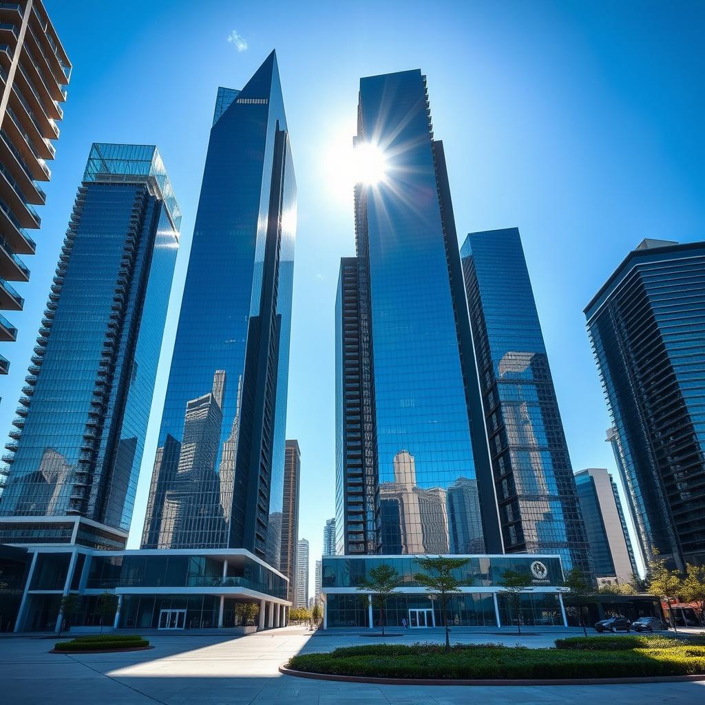 A group of tall skyscrapers with modern design, showcasing shimmering glass facades under the sunlight
