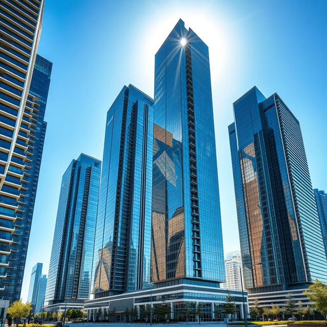 A group of tall skyscrapers with modern design, showcasing shimmering glass facades under the sunlight