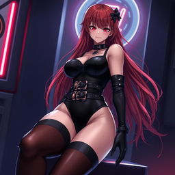 A sexy gothic anime girl with long flowing red hair, generously proportioned, wearing a sleek black bodysuit adorned with stylish belts