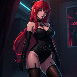 A sexy gothic anime girl with long flowing red hair, generously proportioned, wearing a sleek black bodysuit adorned with stylish belts