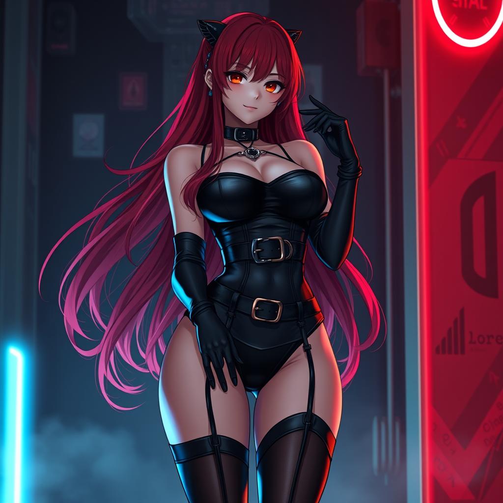 A sexy gothic anime girl with long flowing red hair, generously proportioned, wearing a sleek black bodysuit adorned with stylish belts