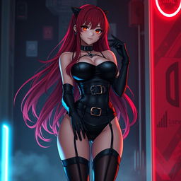 A sexy gothic anime girl with long flowing red hair, generously proportioned, wearing a sleek black bodysuit adorned with stylish belts