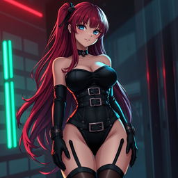 A sexy gothic anime girl with long flowing red hair, generously proportioned, wearing a sleek black bodysuit adorned with stylish belts
