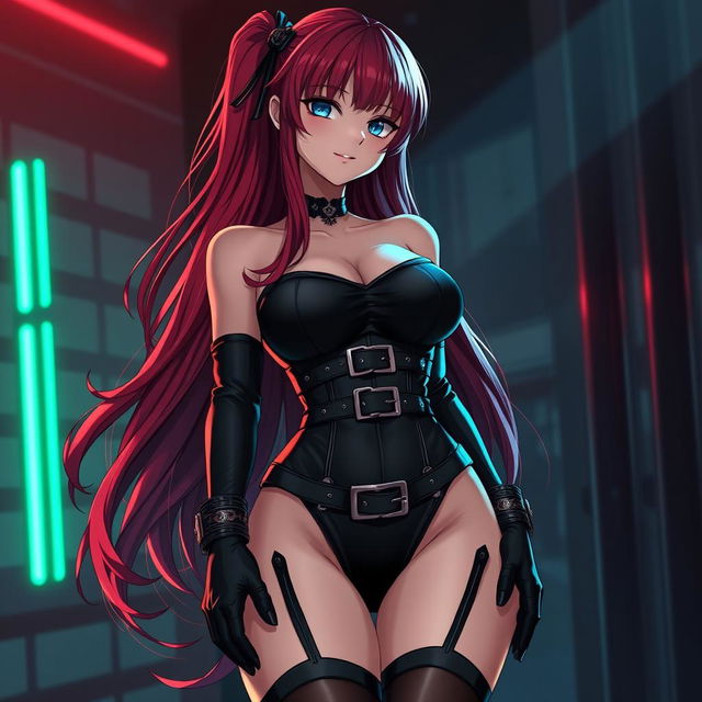 A sexy gothic anime girl with long flowing red hair, generously proportioned, wearing a sleek black bodysuit adorned with stylish belts