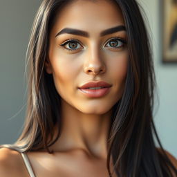 A hyper-realistic portrait of a stunning 35-year-old woman with big, expressive eyes and large breasts