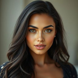 A hyper-realistic portrait of a stunning 35-year-old woman with big, expressive eyes and large breasts