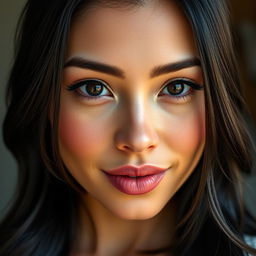A hyper-realistic portrait of a stunning 35-year-old woman with big, expressive eyes and large breasts