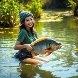 A beautiful Korean woman wearing a green t-shirt, black denim shorts, and a knitted beanie hat, swimming and catching a large gourami fish, looking towards the camera with a gentle smile in a stunningly beautiful and cool swamp in the morning