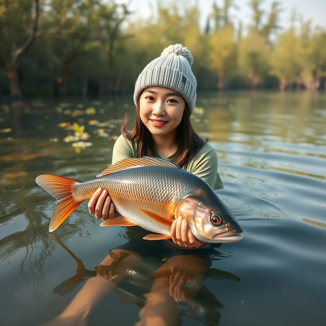 A beautiful Korean woman wearing a green t-shirt, black denim shorts, and a knitted beanie hat, swimming and catching a large gourami fish, looking towards the camera with a gentle smile in a stunningly beautiful and cool swamp in the morning