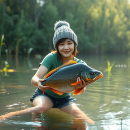 A beautiful Korean woman wearing a green t-shirt, black denim shorts, and a knitted beanie hat, swimming and catching a large gourami fish, looking towards the camera with a gentle smile in a stunningly beautiful and cool swamp in the morning