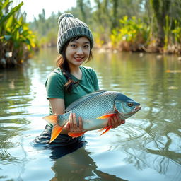 A beautiful Korean woman wearing a green t-shirt, black denim shorts, and a knitted beanie hat, swimming and catching a large gourami fish, looking towards the camera with a gentle smile in a stunningly beautiful and cool swamp in the morning