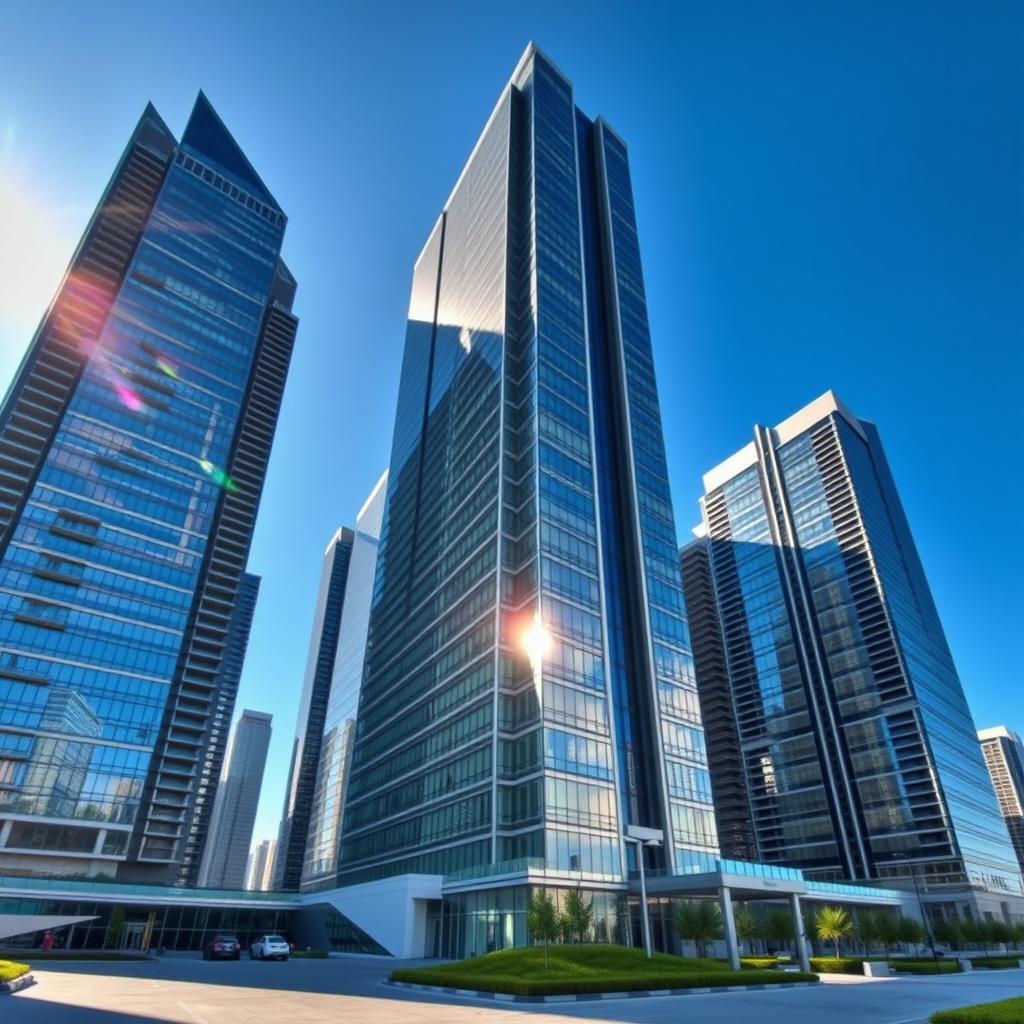 A group of tall skyscrapers with modern design, featuring glimmering glass facades under sunlight