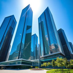 A group of tall skyscrapers with modern design, featuring glimmering glass facades under sunlight