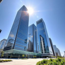A group of tall skyscrapers with modern design, featuring glimmering glass facades under sunlight
