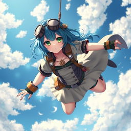 A stunning steampunk anime girl with vibrant blue hair and striking emerald green eyes, gracefully falling through a vivid blue sky