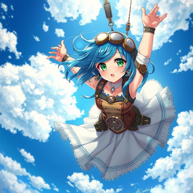 A stunning steampunk anime girl with vibrant blue hair and striking emerald green eyes, gracefully falling through a vivid blue sky