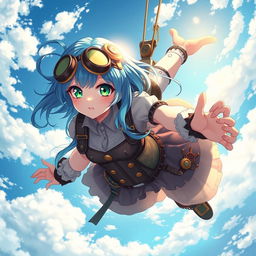 A stunning steampunk anime girl with vibrant blue hair and striking emerald green eyes, gracefully falling through a vivid blue sky