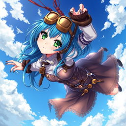 A stunning steampunk anime girl with vibrant blue hair and striking emerald green eyes, gracefully falling through a vivid blue sky