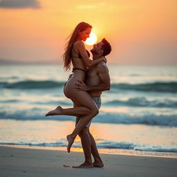 A sensual scene of a woman in hot, sexy black lingerie being lifted by her boyfriend on a beautiful beach