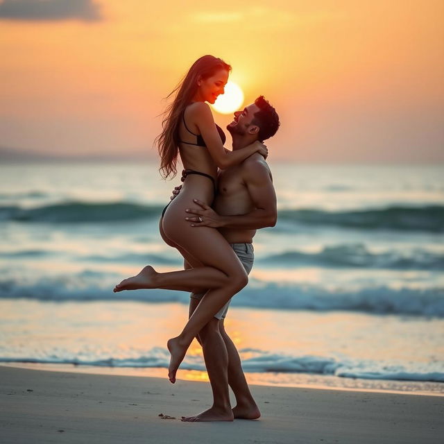 A sensual scene of a woman in hot, sexy black lingerie being lifted by her boyfriend on a beautiful beach