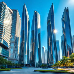 A stunning collection of tall skyscrapers with a futuristic design, featuring gleaming glass facades shining under the sunlight
