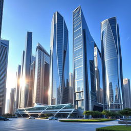 A stunning collection of tall skyscrapers with a futuristic design, featuring gleaming glass facades shining under the sunlight