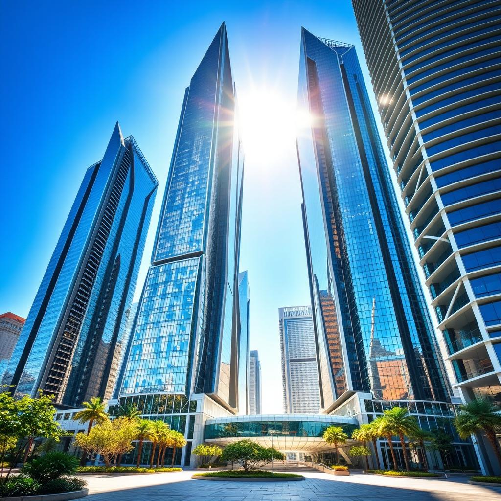 A stunning collection of tall skyscrapers with a futuristic design, featuring gleaming glass facades shining under the sunlight