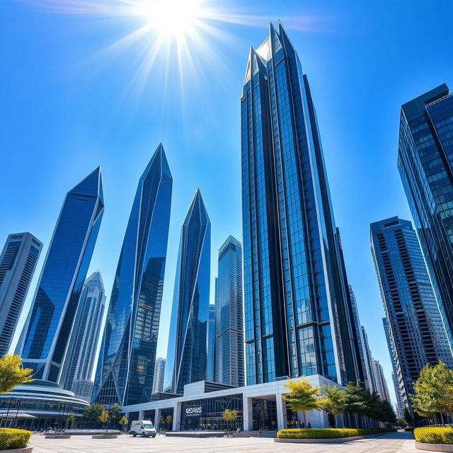 A stunning collection of tall skyscrapers with a futuristic design, featuring gleaming glass facades shining under the sunlight
