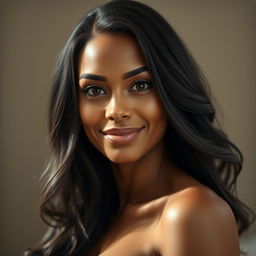 A realistic portrayal of a 35-year-old woman with big eyes and ample breasts