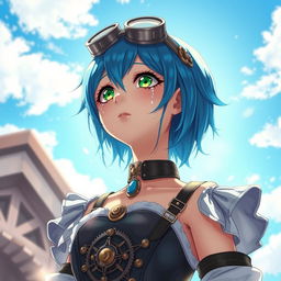 A captivating steampunk anime girl with vibrant blue hair and striking emerald green eyes, looking up at a clear blue sky with tears streaming down her face